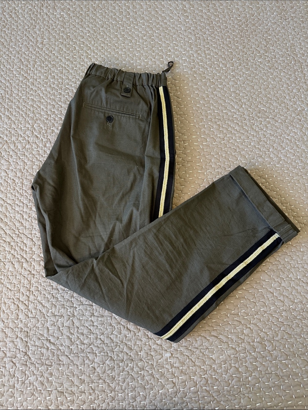 Zadig & Voltaire Olive Green Cropped Track-Stripe Pants with Navy & Cream Trim